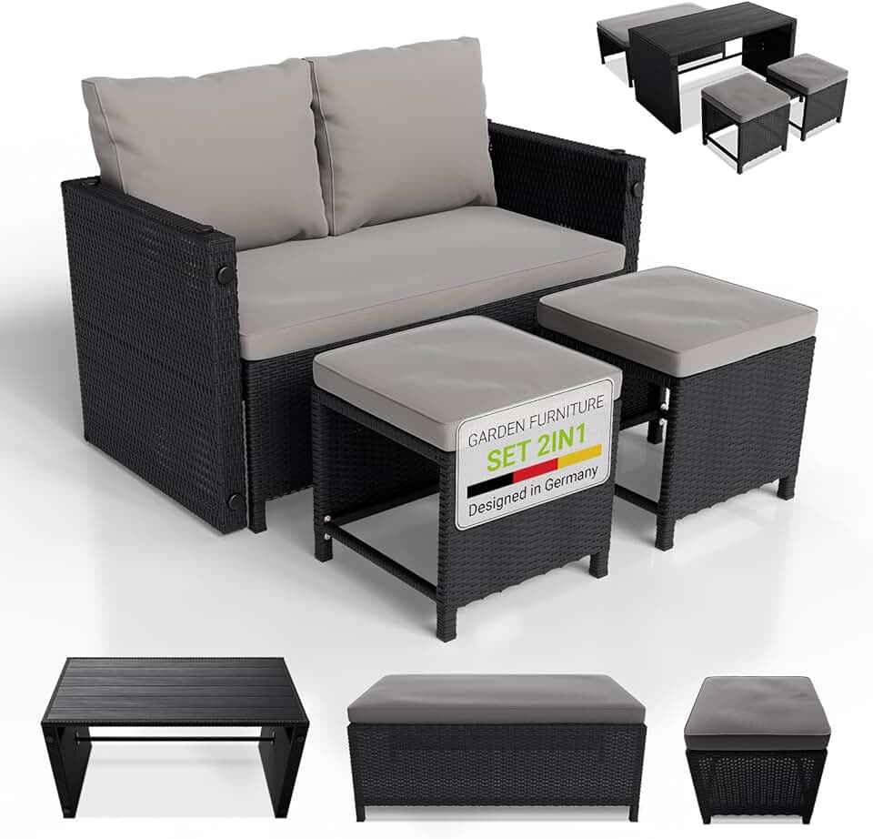 jardinite - Jamaika 2 en 1 - table, banc, 2 tabourets, coussins lavables, noir gris, jusqu'à 4 personnes