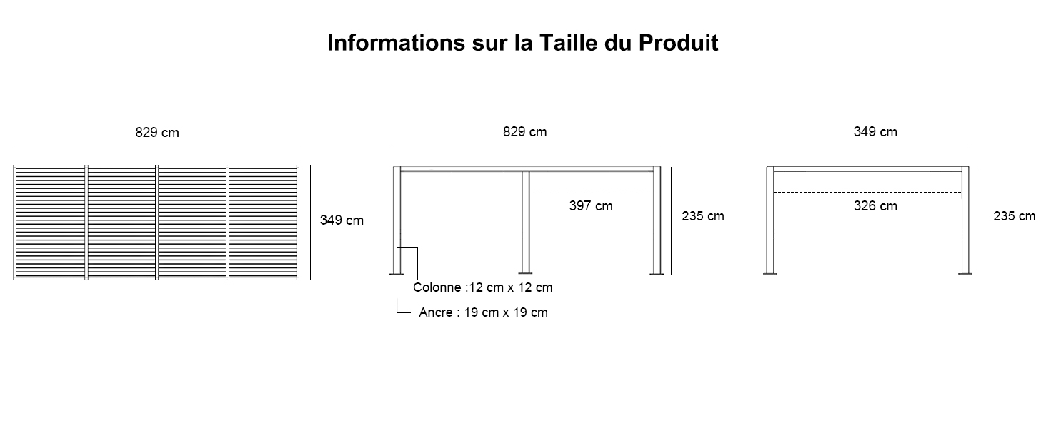 Schéma technique montrant les dimensions d'une table ou d'un bureau dans trois configurations. Les mesures en centimètres pour la largeur, la profondeur et la hauteur sont fournies pour chaque variation.