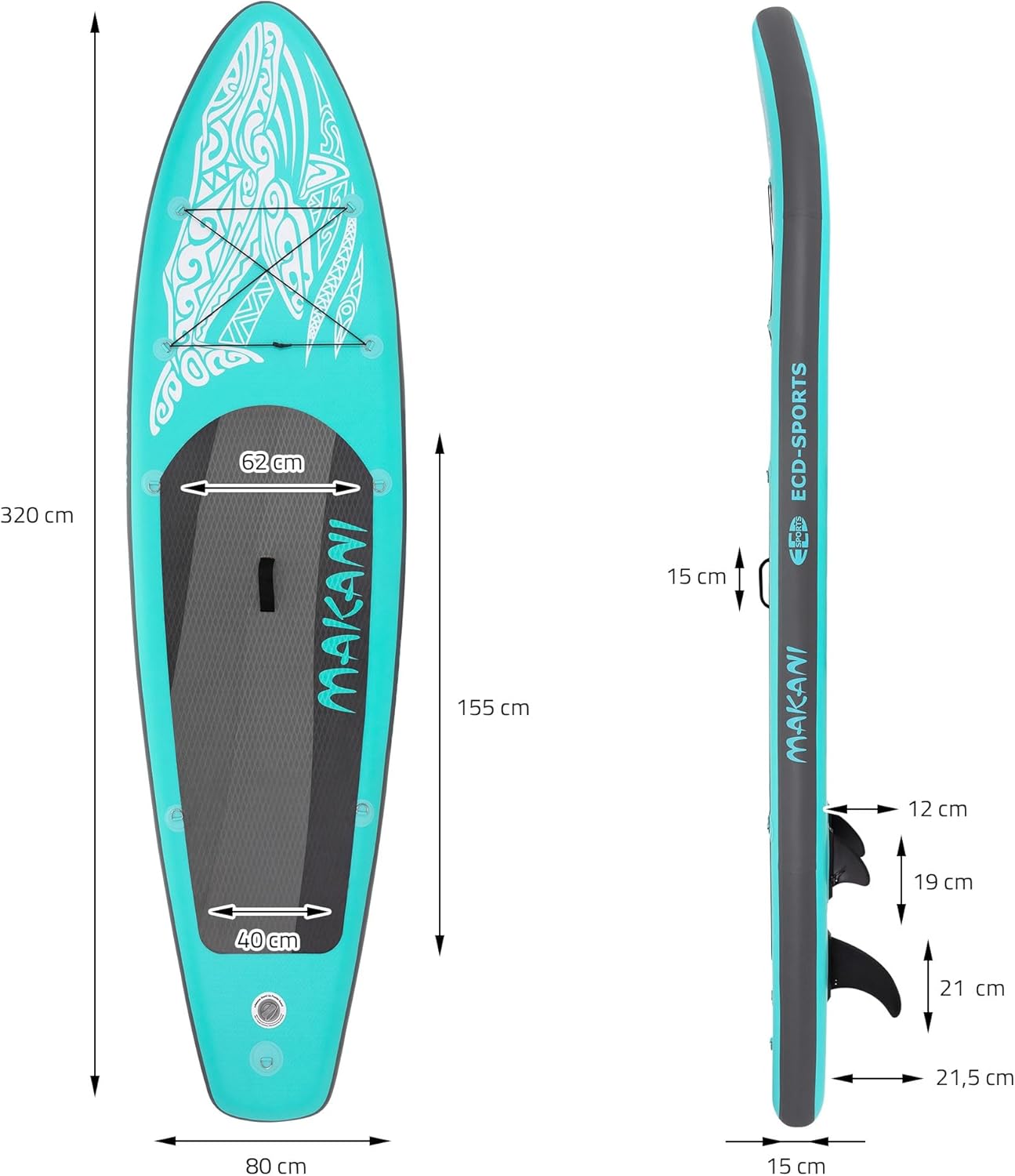 jardinite - Stand Up Paddle Board - 305/308/320/380 cm - PVC, jusqu’à 150 kg, 10/15 cm, sac, pompe