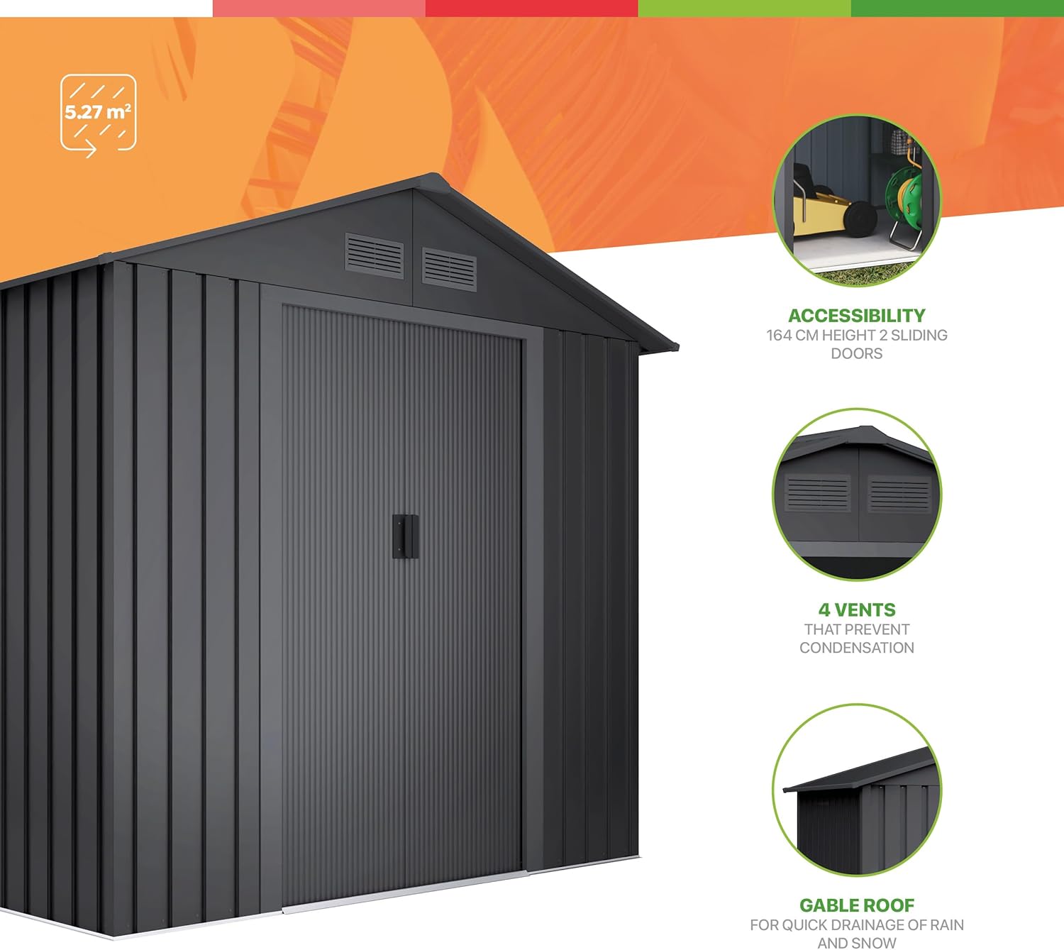 Abri de Jardin en métal 5,27m2 Light Anthracite - 261x202x202cm - 4 grilles - Double Porte coulissante - Rangement extérieur -