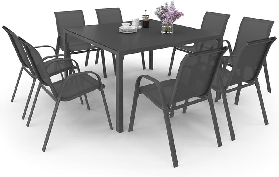 jardinite - Madrid salon de jardin carré 130 cm, 8 chaises empilables, gris anthracite
