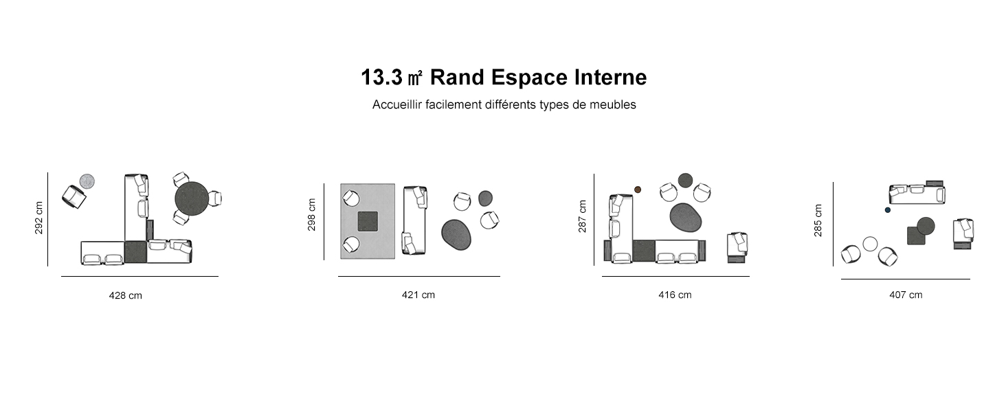 Schéma technique montrant quatre configurations différentes de disposition des meubles avec mesures, comprenant la disposition des bureaux et des sièges dans un espace.