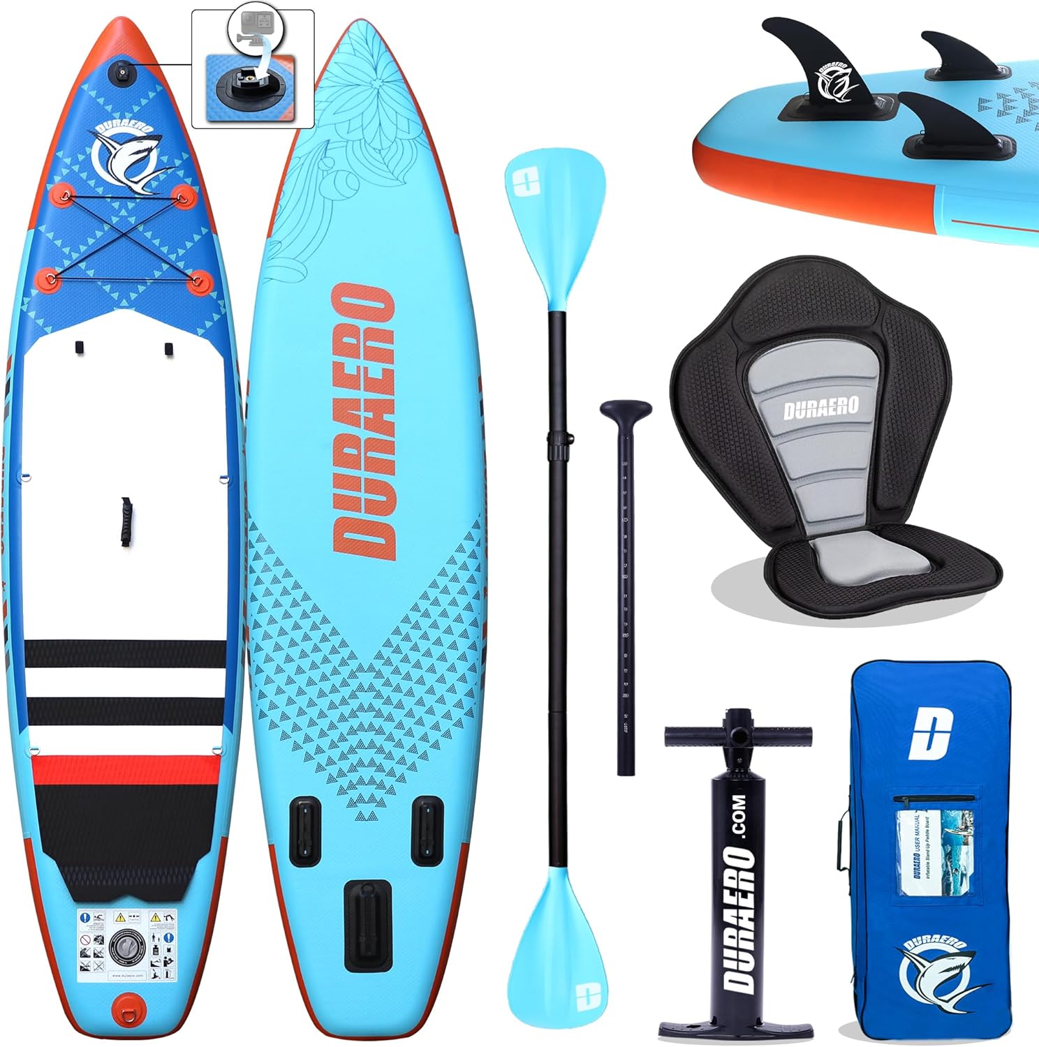 Siège de Kayak Gonflable Stand Up Paddle et Support de caméra, pagaie 2 en 1 330x76x15cm, Pompe jusqu'à 150kg avec Sangle de Pied, Sac à Dos