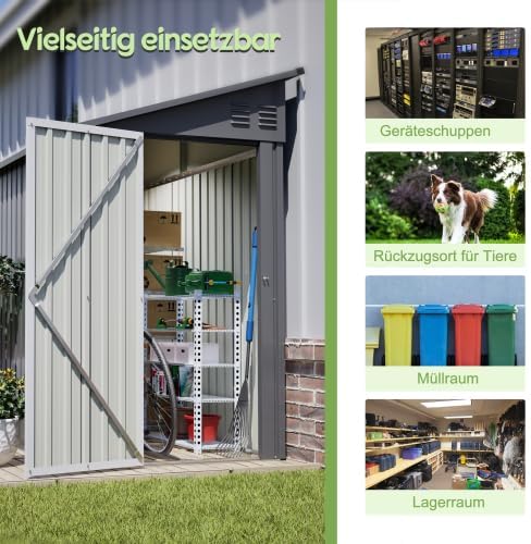 Abri de jardin en métal de 10,2 x 20,3 cm avec toit incliné, porte verrouillable et 2 ouvertures d'aération – Abri à outils peu encombrant pour arrière-cour et terrasse, rangement des outils, gris