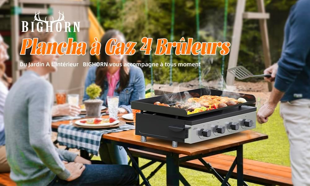 Plancha à gaz - 4 brûleurs, 10kW, noir, grande surface de cuisson