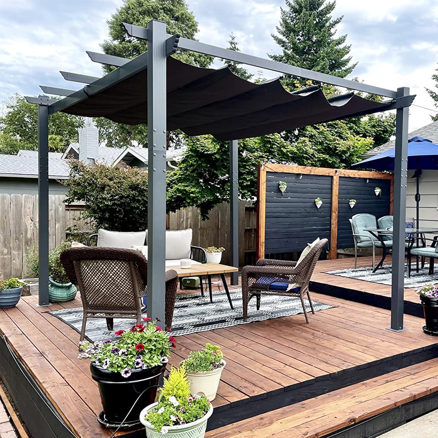 jardinite - Pergola aluminium, 3,65x3m, toile coulissante, gris