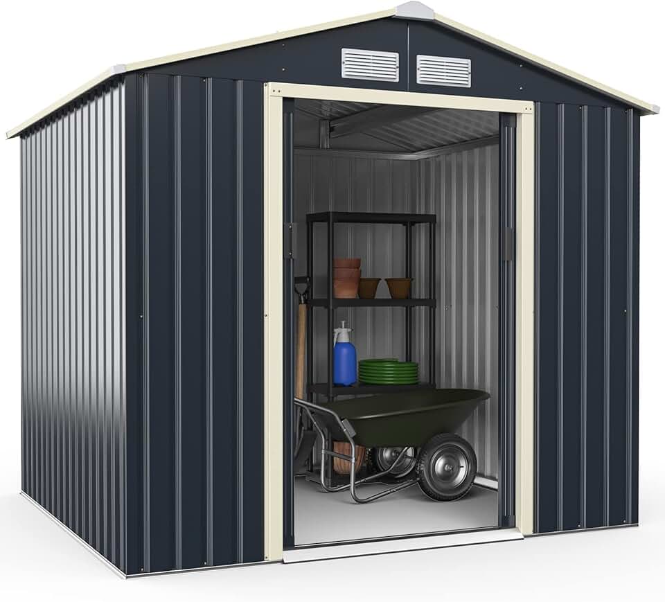 jardinite 3,73㎡ Abri de Jardin Métal Galvanisé, Cabine de Jardin Extérieur Portes Coulissantes, Résistant aux Intempérie, Cabane de Rangement Outils, 213 x 191 x 195 cm, Gris