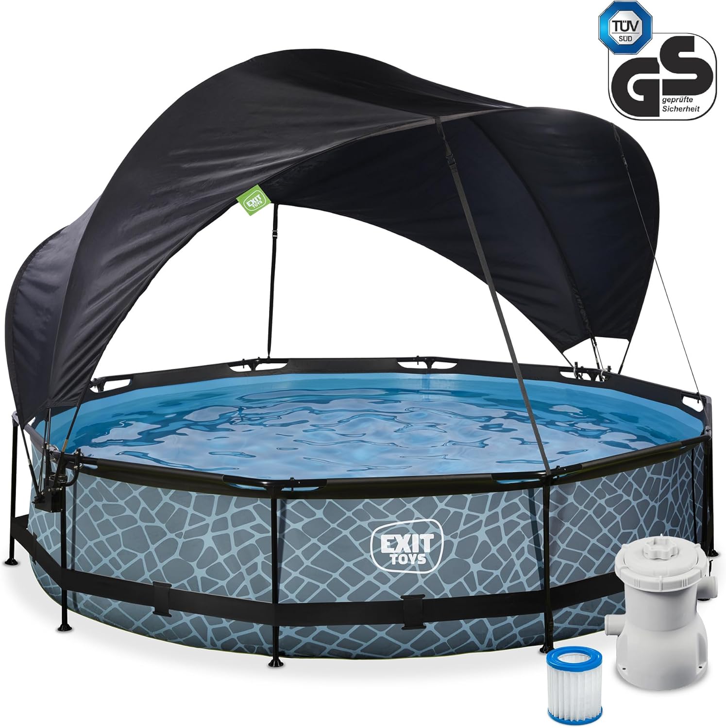 jardinite Piscine Stone avec Voile d'Ombrage - ø360x76cm - Piscine Hors Sol Ronde avec Pompe Filtrante à Cartouche - Protection Optimale Contre Les Rayons UV - Entrée Basse - Design Unique - Gris