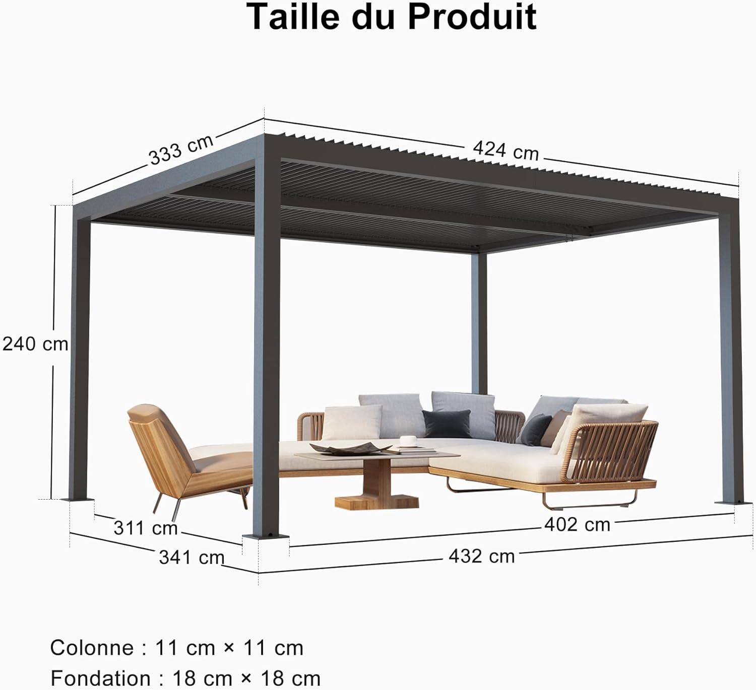jardinite - Pergola Bioclimatique - 4,24 x 3,3 m - Aluminium, lames orientables, commande indépendante, gris