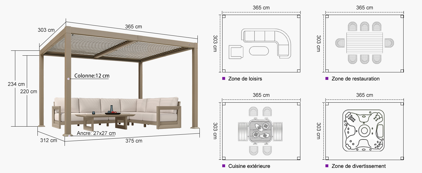 Dessins architecturaux techniques montrant de multiples vues et dimensions de la disposition des meubles et de l'aménagement de l'espace, avec des mesures détaillées et des annotations.
