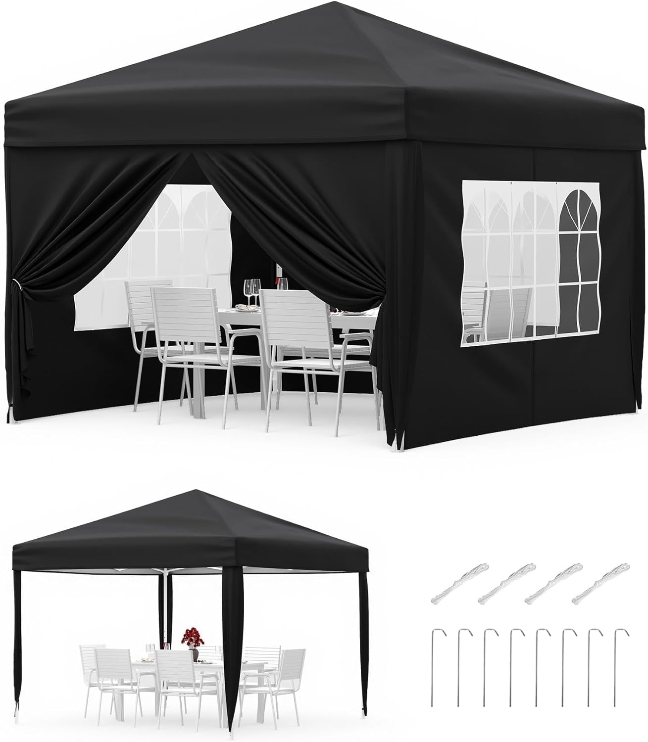 Gravee Tonnelle Pliante 3x3m Gris avec Parois Latérales, Imperméable et Anti-UV, Tente Pop-Up Robuste avec Sac de Transport pour Jardin (Noir, 3x3m)