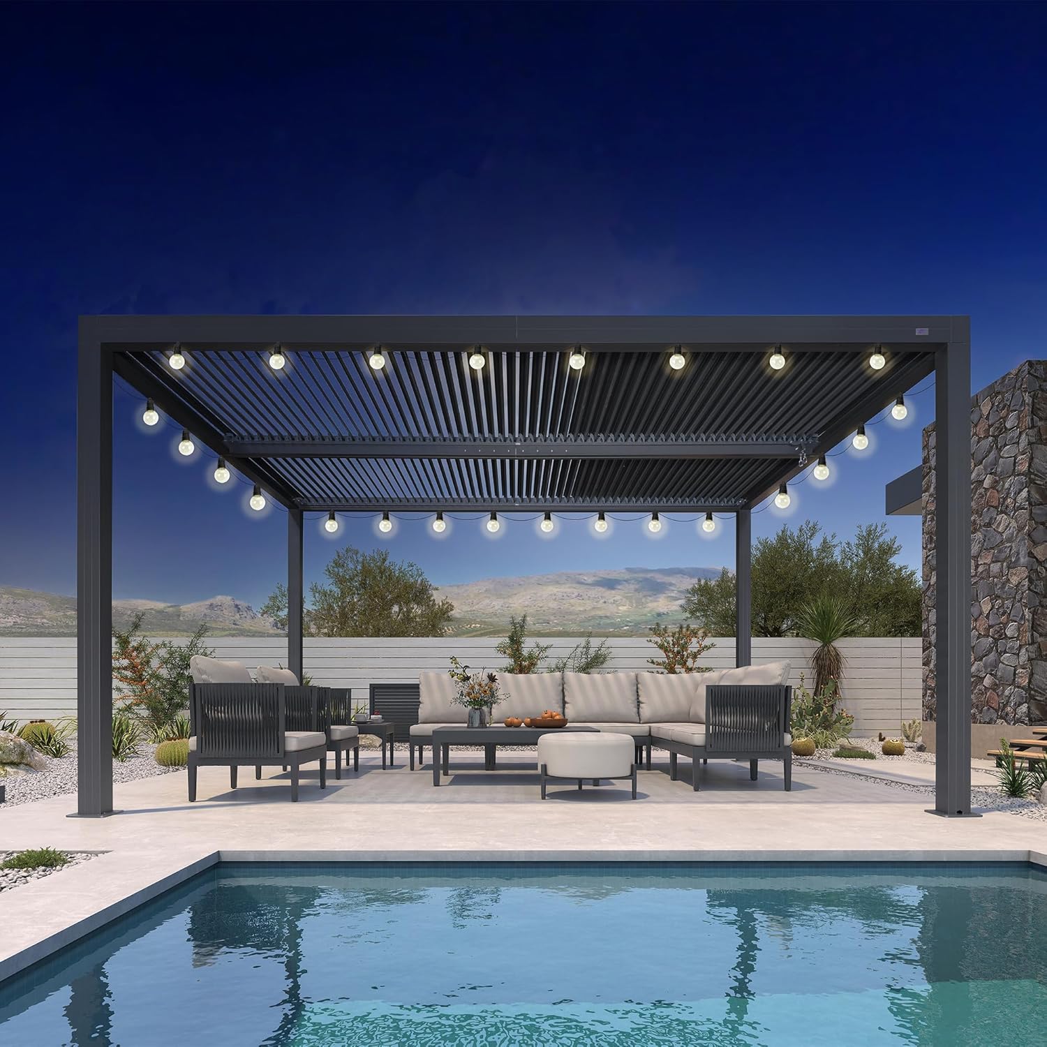 jardinite - Pergola bioclimatique série aluminium - 4,6x3,3 m - lames orientables, éclairage intégré