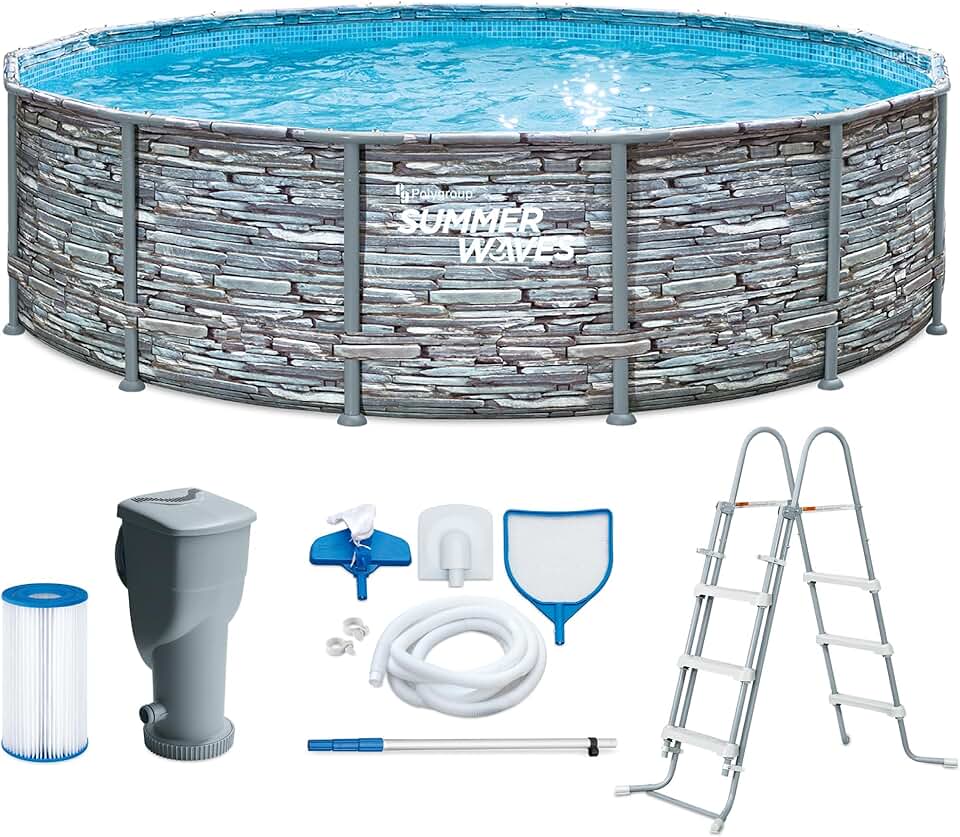 jardinite - Frame Pool Kit rond - 427x107 cm - aspect pierre grise, pompe à filtre