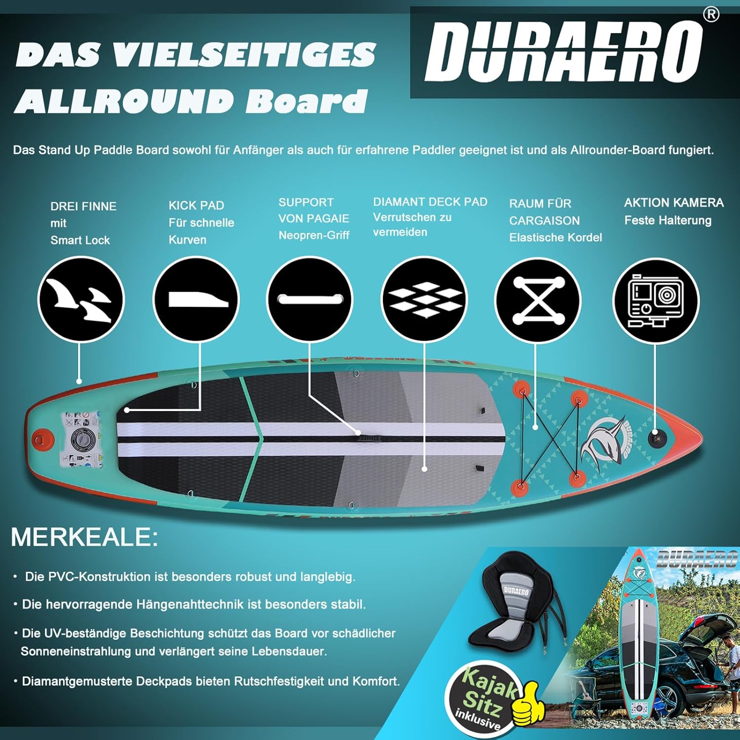 Stand up Paddle gonflable - 330x76x15cm - siège kayak, support GoPro, 150kg, double pagaie, vert menthe
