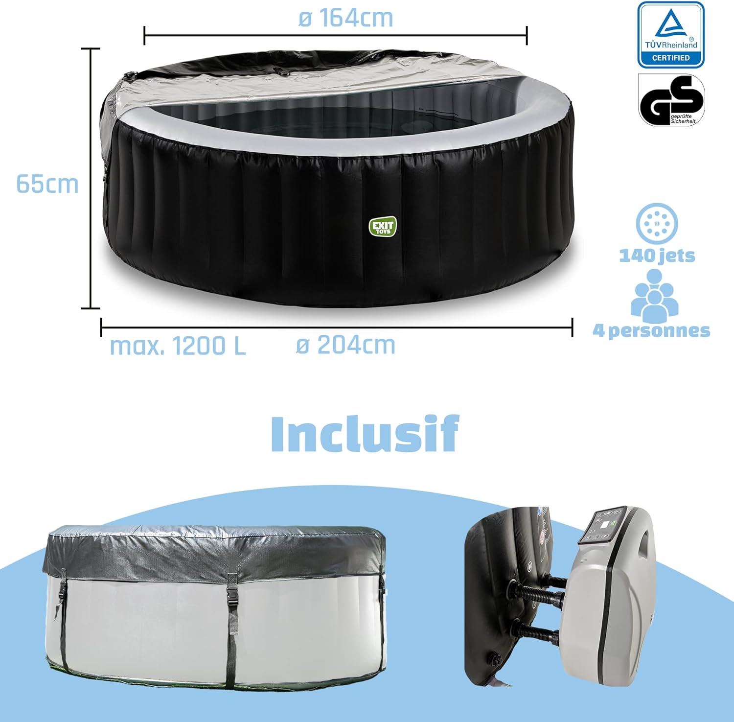 jardinite - Silver Classic Spa - 204x65cm - 4 places, chauffage, 140 jets d'air, filtration
