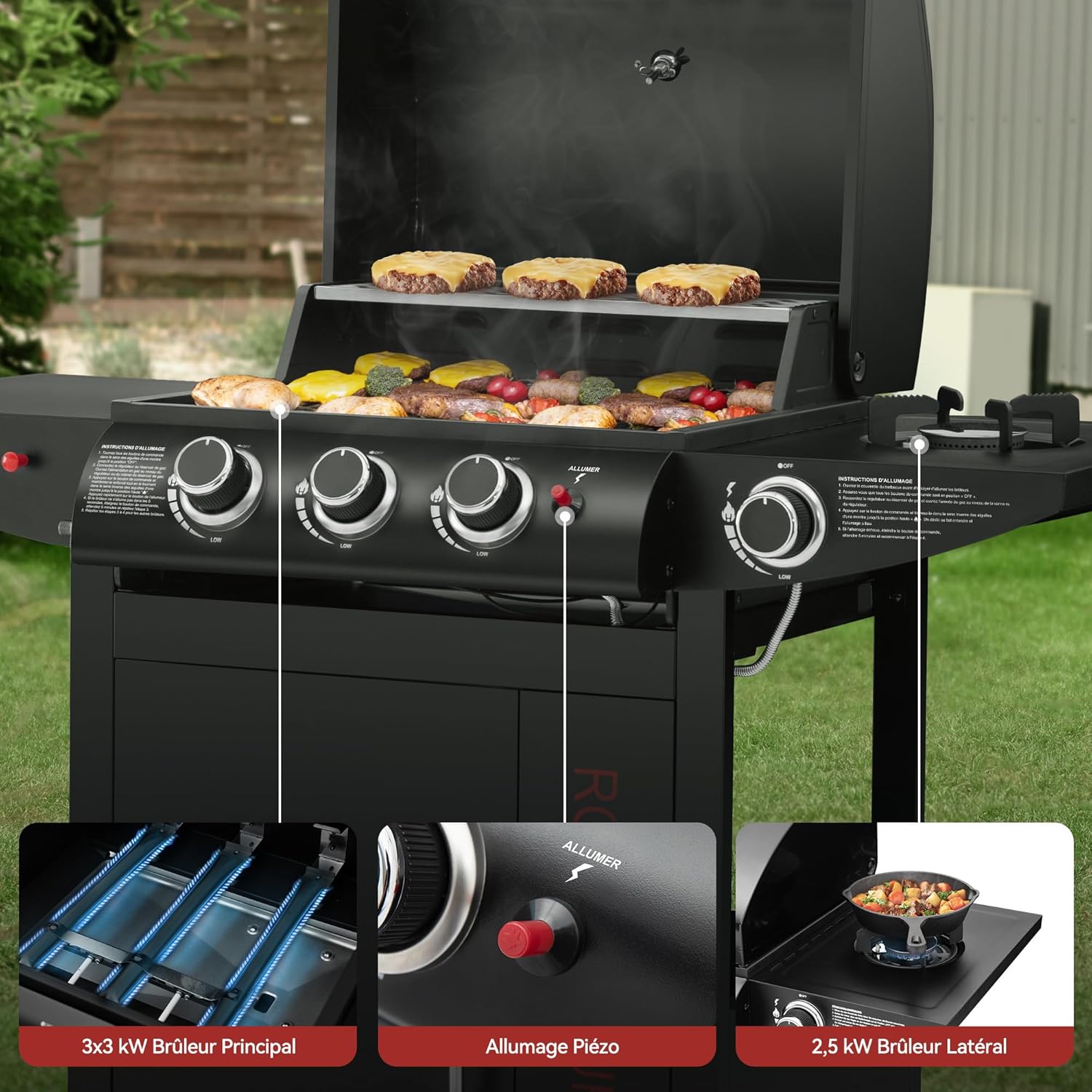 jardinite - barbecue gaz 3+1 brûleurs inox - 11,5 kW - chariot, 2 roues, thermomètre