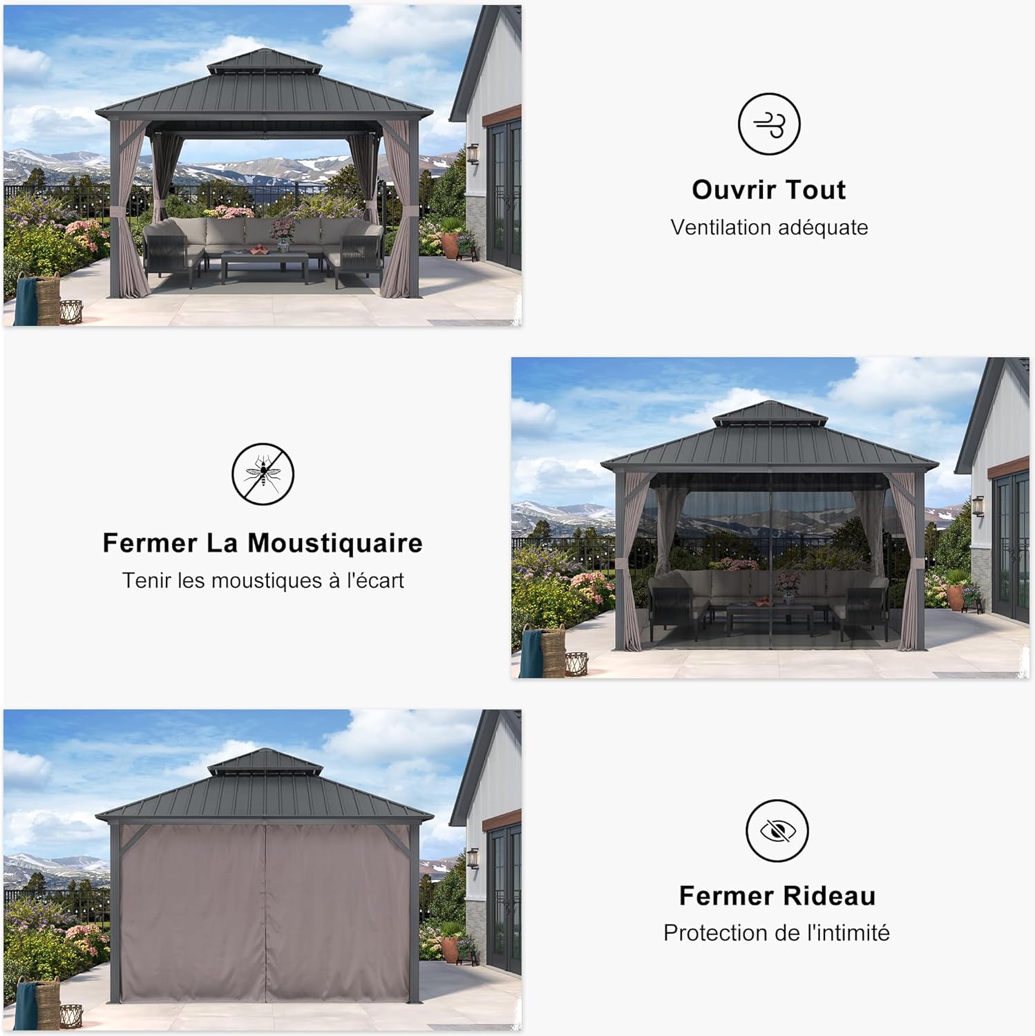 jardinite Tonnelle de Jardin Extérieur 3,65 x 3,65 m avec Guirlande Lumineuse, Pavillon Aluminium à Double Toit en Acier Galvanisé, Pergola Jardin Extérieur avec Rideaux pour Fête, Barbecue, Gris
