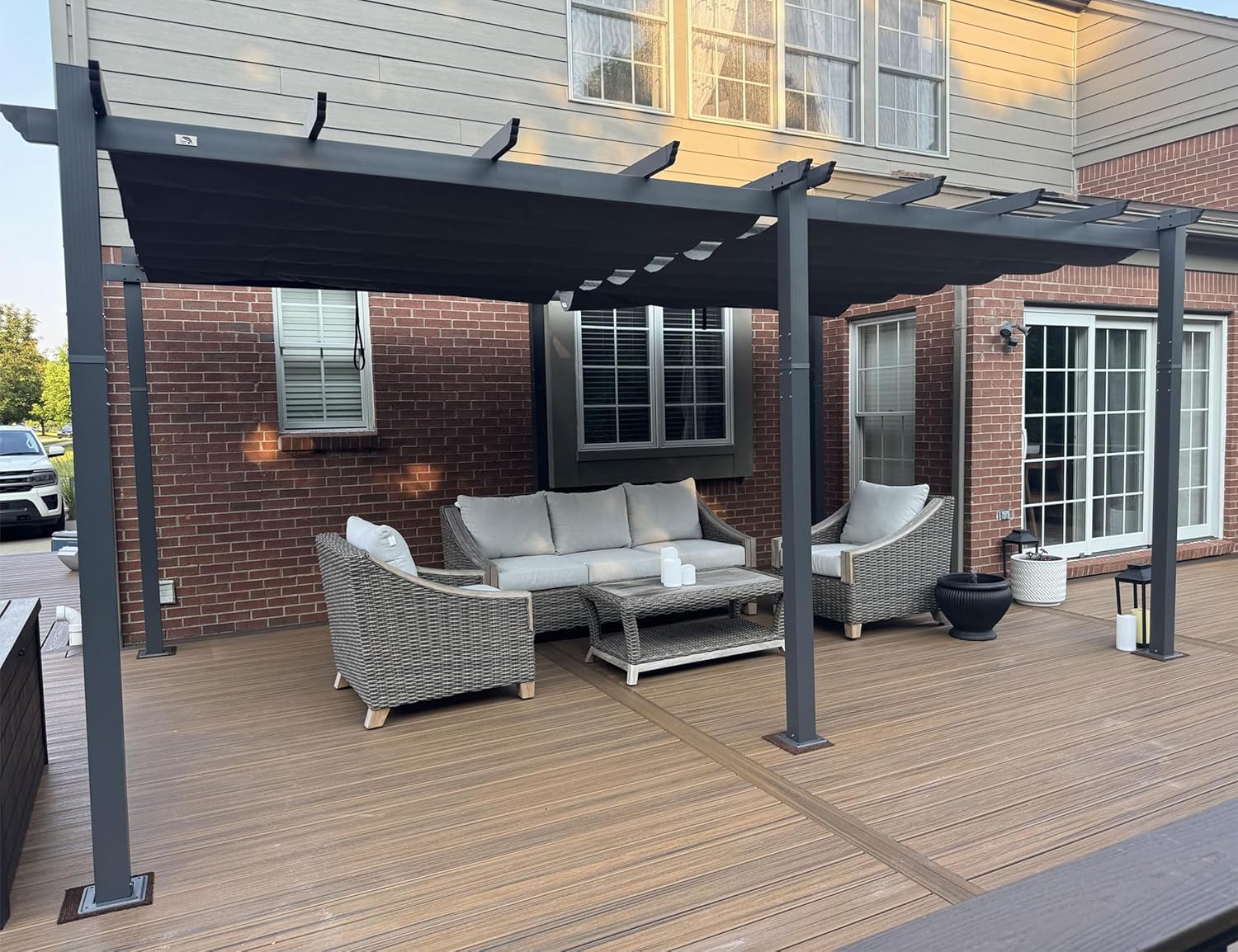 jardinite - Pergola Aluminium - 5,5 x 3,5 m - Toit coulissant, tissu teint en fil, gris