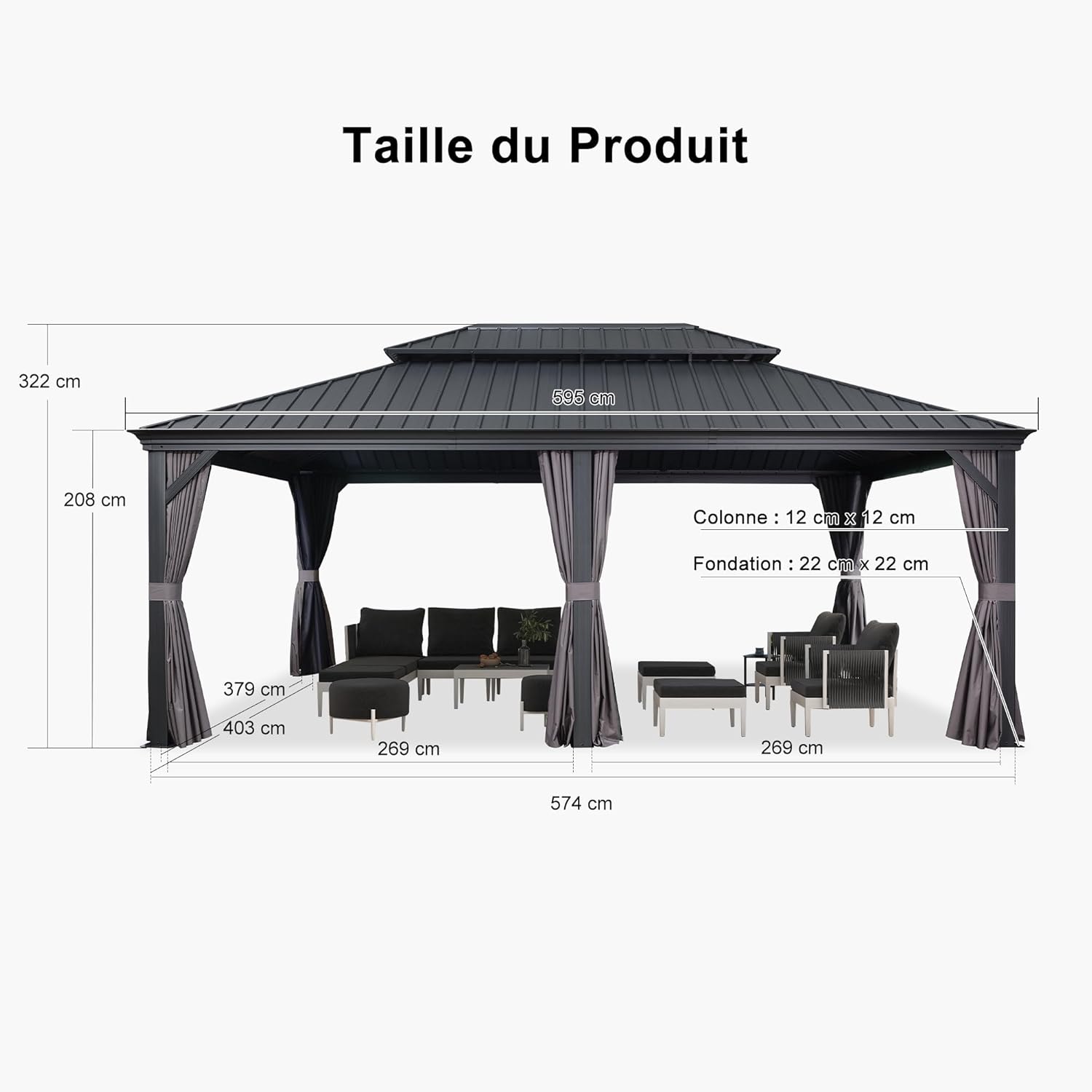jardinite - Pergola Série 6x4,25m - alu, leds, rideaux, gouttière