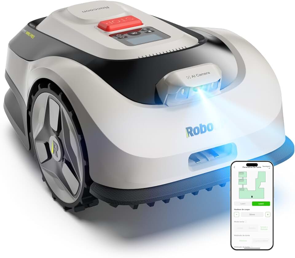Raccoon - Robot Tondeuse 600m² - Vision sans RTK, U/Tonte, 5Ah Recharge, 150min Autonomie.