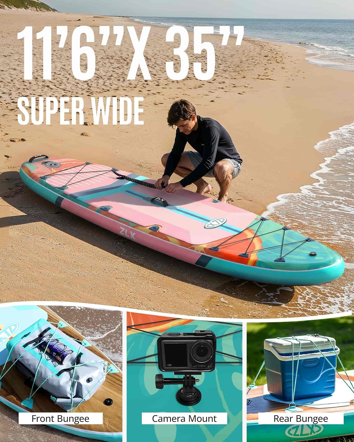 ZLX Paddle Gonflable 350 x 89 cm Extra Large Sup | Planche Stable Antidérapante, Aileron Amélioré, Accessoires Premium, Sac & Pompe Haute Pression, pour Adultes Tous Niveaux avec Siège Gonflable