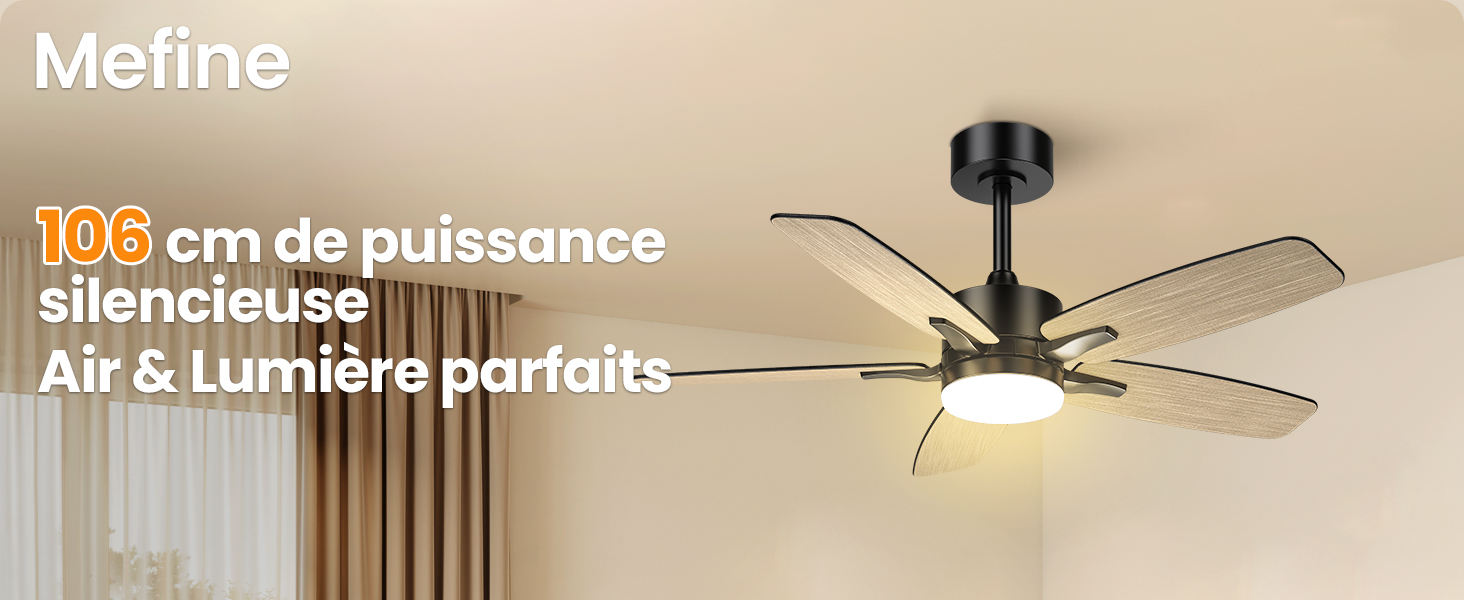 avec luminaire intégré, à cinq pales et à dôme d'éclairage central, monté sur un plafond beige.