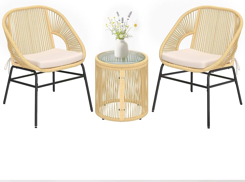 jardinite - ensemble bistro 3 pcs - fauteuils confort, table verre - coussins déhoussables, résine tressée, beige