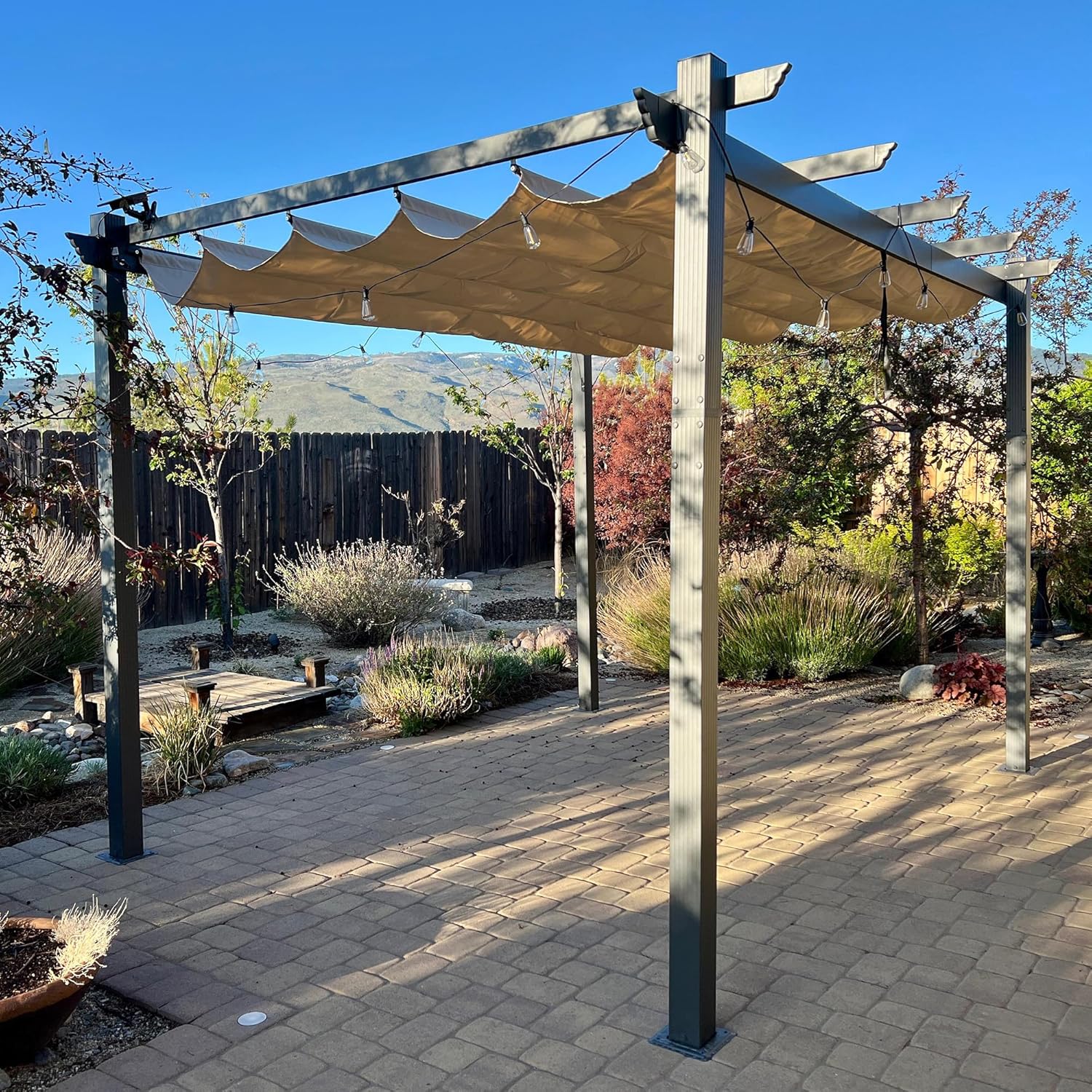 jardinite - pergola aluminium série - 4x3,2m - toile teintée, toit coulissant, kaki