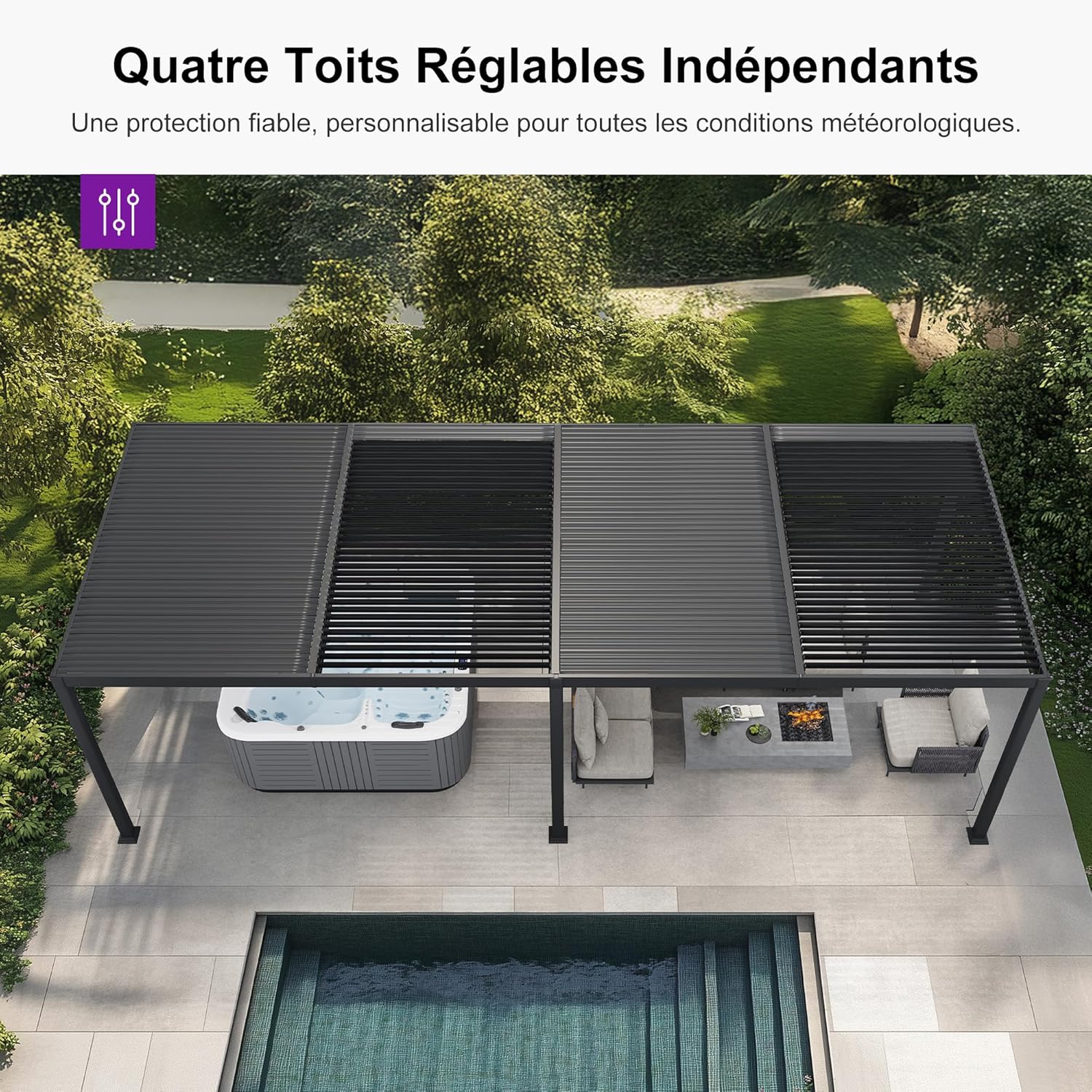 jardinite - Pergola bioclimatique série - 3,5x8,5m - aluminium, lames orientables, jardin, terrasse, gris