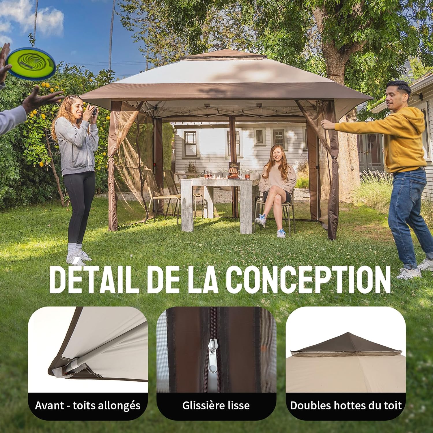 jardinite Tonnelle de Jardin 4 x 4 m, Pop Up Gezebo Exterieur Imperméable, Abri de Jardin Réglable en Hauteur, Double Toit avec Côtés en Maille Zippée, Sac de Transport, Beige