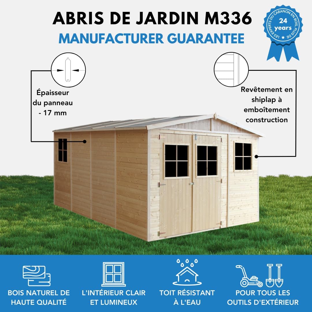 ABRI de Jardin en Bois Exterieur avec Les PLANCHERS IMPRÉGNÉ - en Pin/épicéa- H226x324x416 cm/12 m²- Construction de Panneaux- Rangement pour vélos, Remise à Outils- jardinite M336+M336G