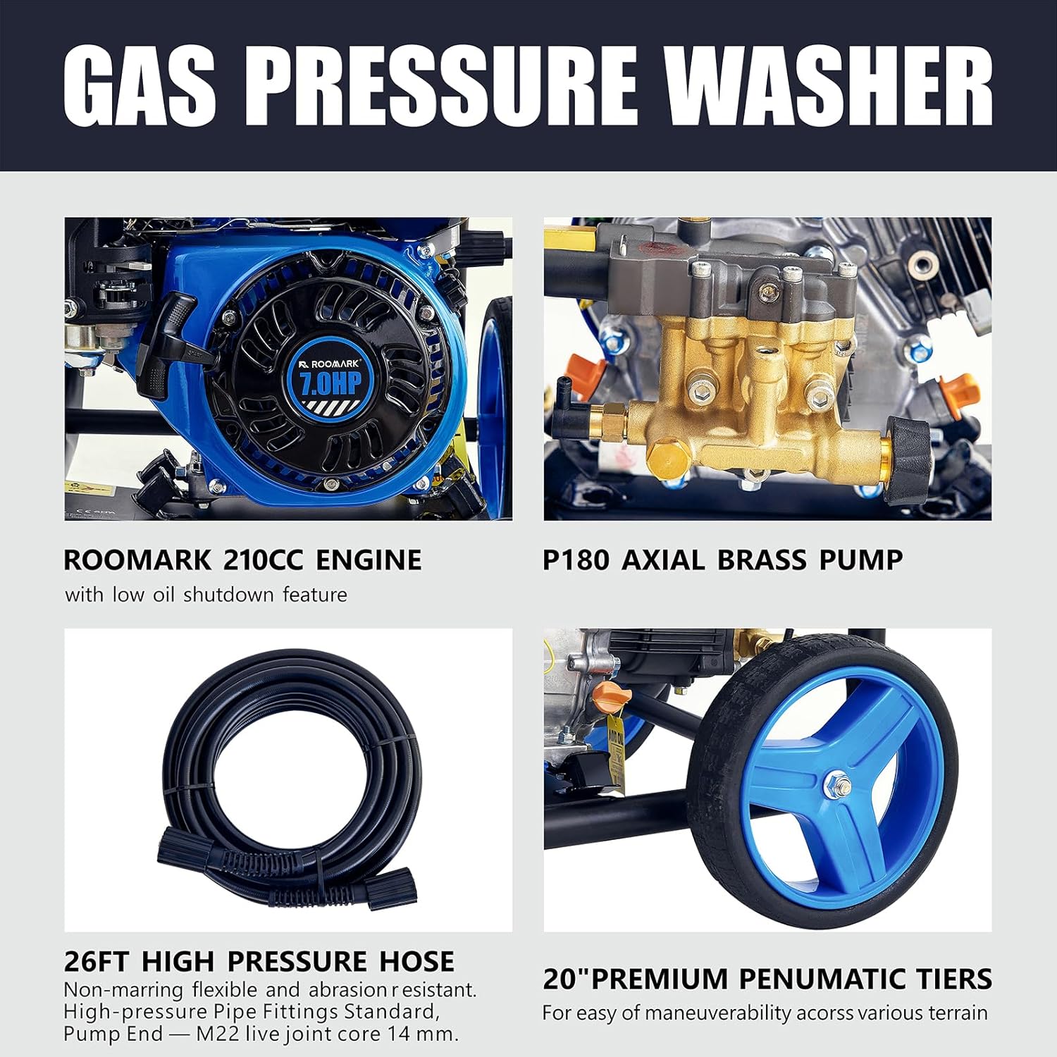 Nettoyeur haute pression thermique 248 bars - 7CV 210cc - 590L/h, buse 5 jets, tuyau 8m