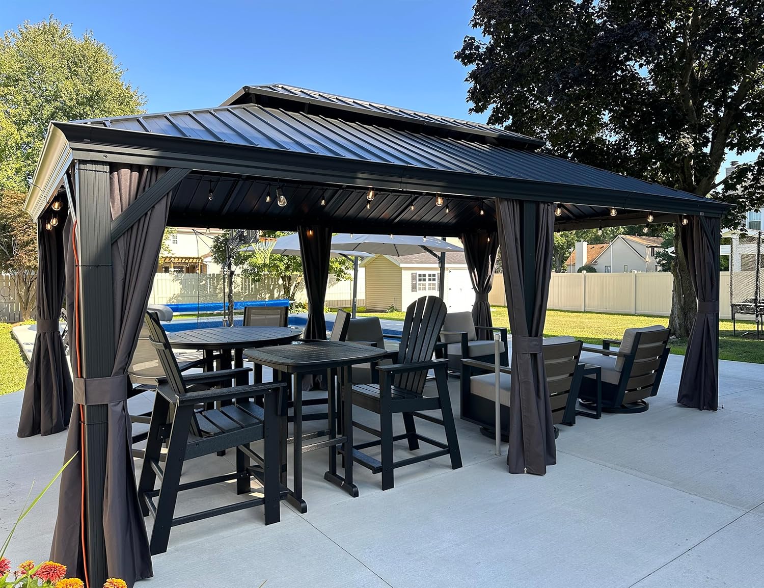 jardinite - tonnelle aluminium - 6x3,65m - LED, rideaux, gouttière, gris