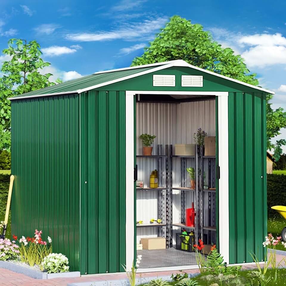 jardinite Abri de Jardin Métal Extérieur 2.7㎡ Acier Galvanisé avec Fondation, Toit Penché, 4 Persiennes, Double Porte Coulissante, Cabane Jardin Exterieur avec Rampe, pour Vélo, Poubelle, 213x127x185CM
