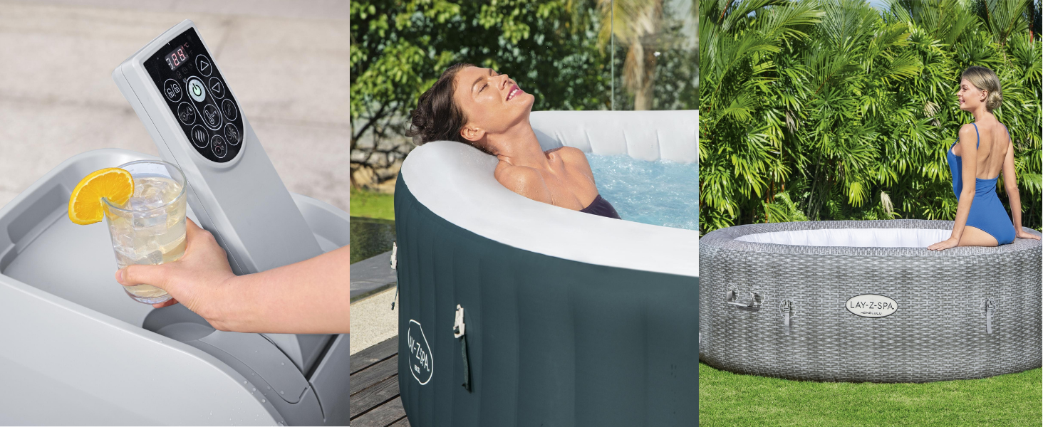 Bain à remous gonflable avec panneau de commande, porte-gobelet et environnement tropical. Comprend plusieurs panneaux indiquant l'utilisation et la configuration.