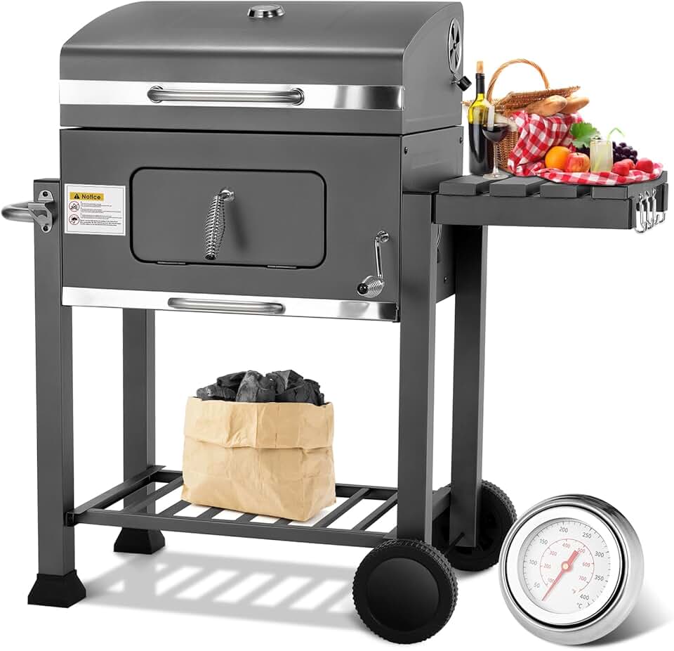 Barbecue charbon XL - chariot avec couvercle - hauteur réglable - roues, thermomètre, grande surface