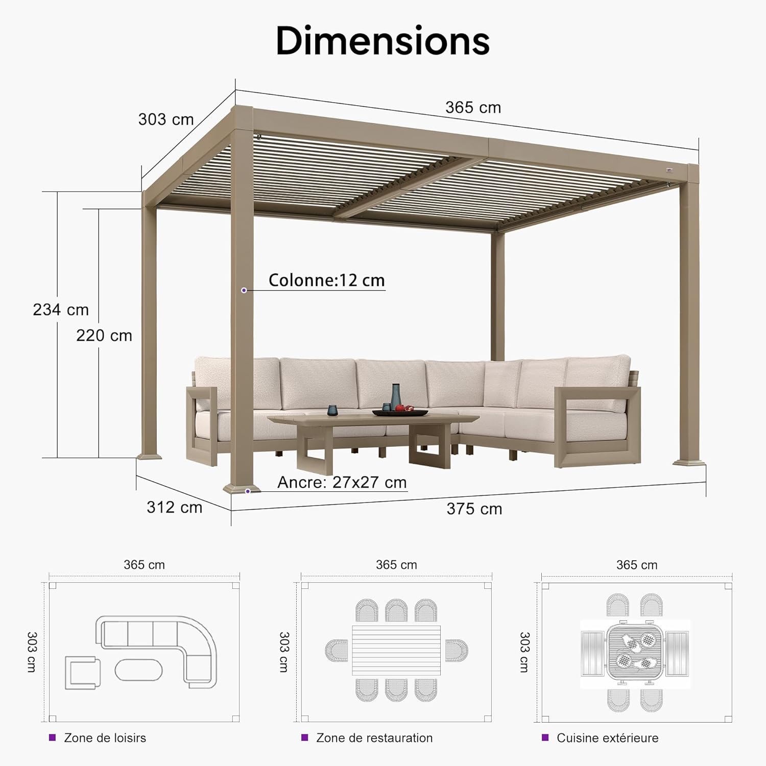 jardinite - pergola bioclimatique LED - 3x3,65m - alu, lames orientables, étanche