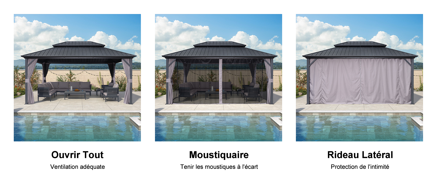 avec moustiquaire rétractable et rideaux latéraux. Trois images montrent différentes configurations : ouverte, avec filet et avec rideaux.