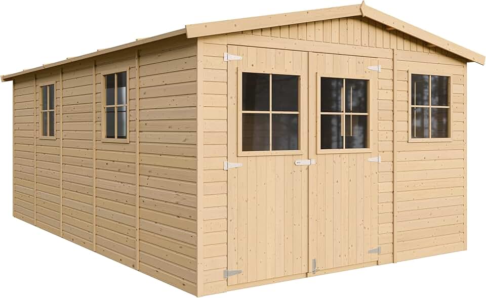 Abri de Jardin en Bois Naturel - Stockage extérieur avec fenêtres- H226x324x516 cm/15 m² Hangar en Bois Naturel - Atelier Rangement Outils et vélos- jardinite M337