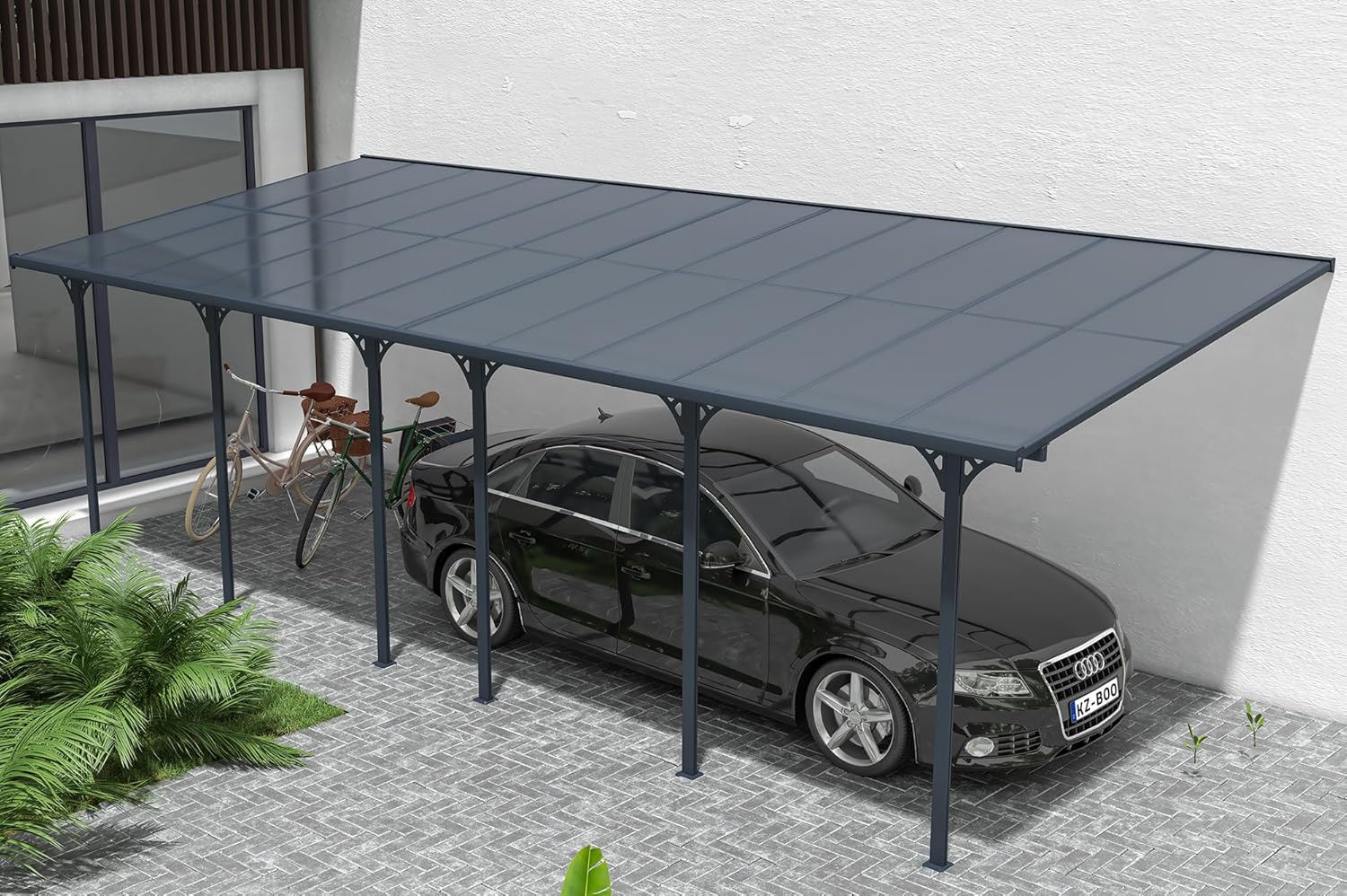 KLEO - Pergola adossée aluminium - 7,48x3 m - Polycarbonate, gouttière, gris RAL 7016 - résistance vent 40 km/h, UV30+