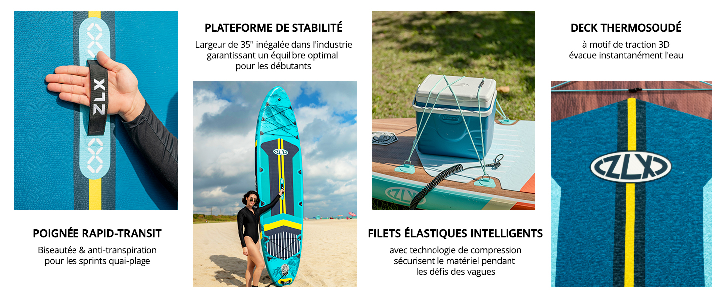 Image composite des caractéristiques du paddleboard gonflable : poignée pour le transport, plate-forme de stabilité, cordons élastiques pour fixer les objets et plate-forme thermocollée