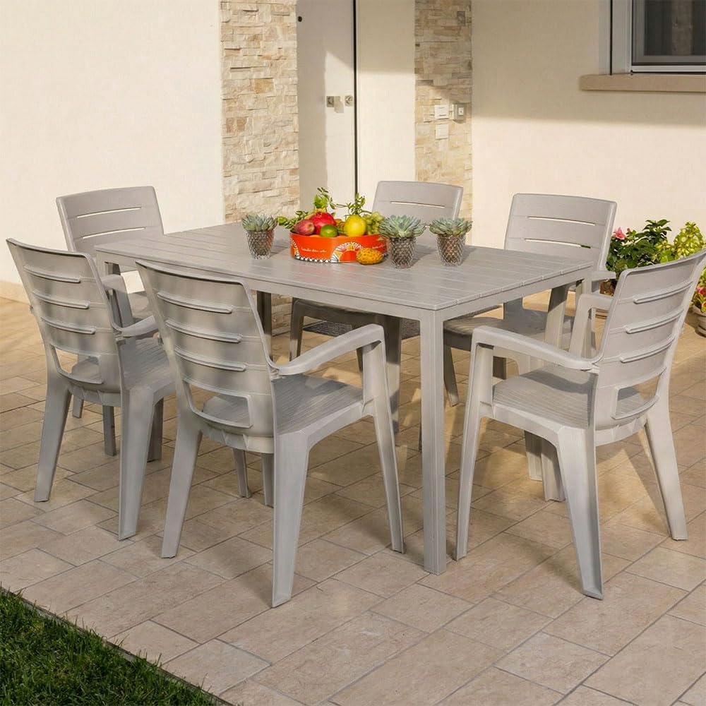 Ensemble d'extérieur - Table Thomas, 6 chaises Anita - Fer, résine - Champagne