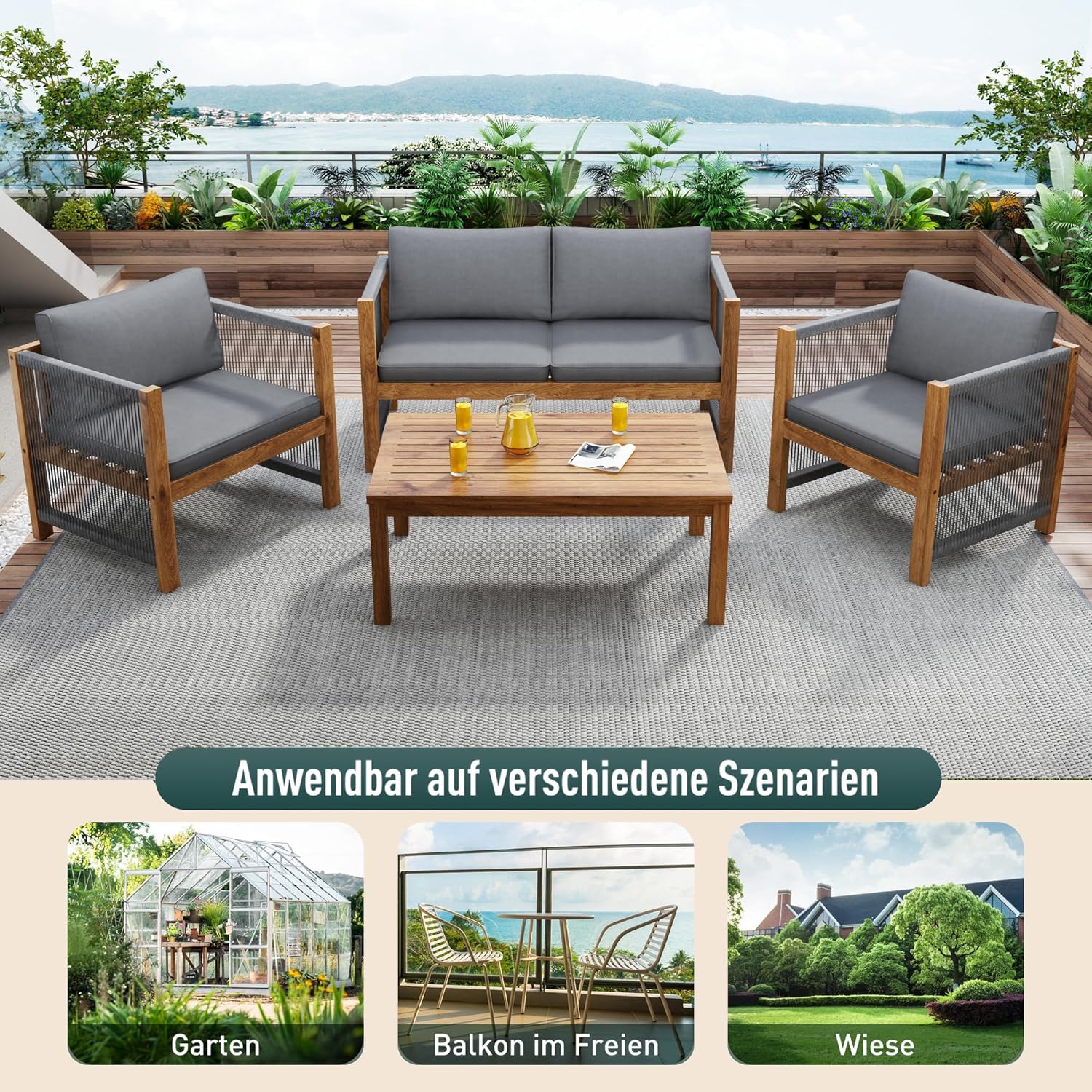 Meuble de jardin - canapé 2 places, 2 fauteuils, table basse - rotin tressé, acacia, 4 personnes, terrasse extérieure