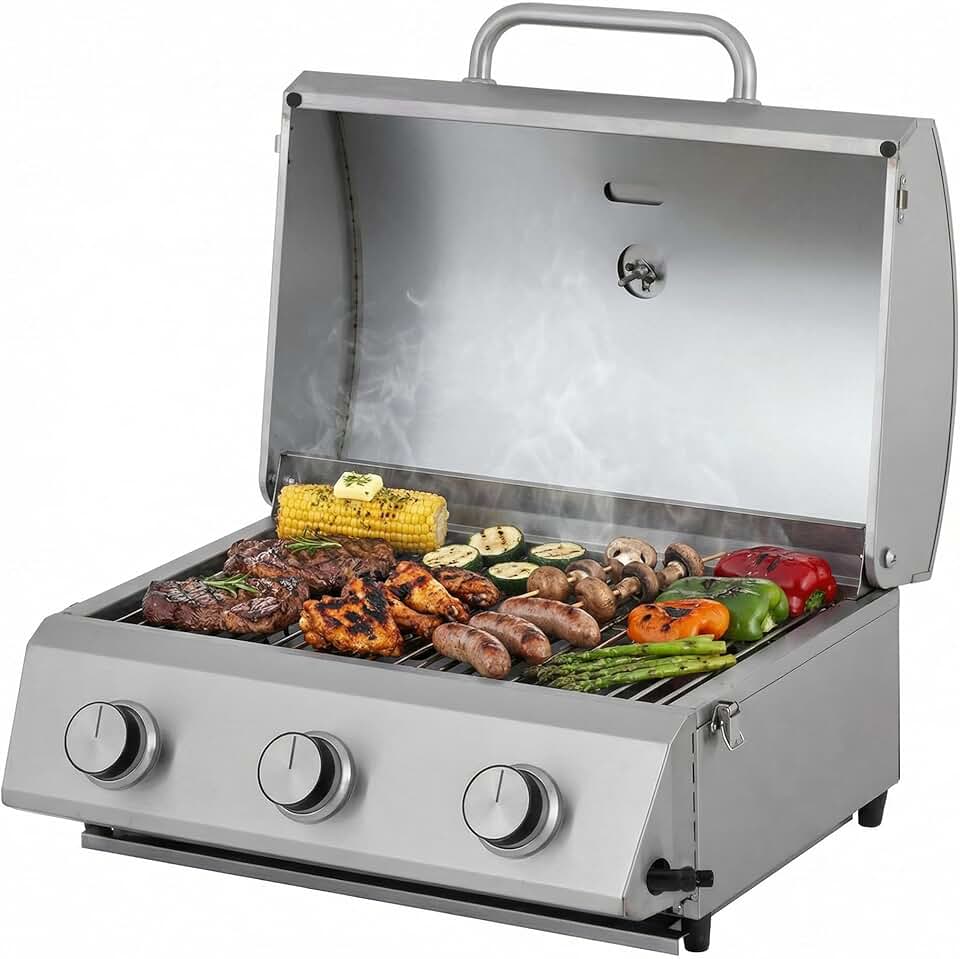 jardinite - Barbecue à gaz portable - inox - 3 brûleurs, thermomètre, allumage piézo - CATHAN