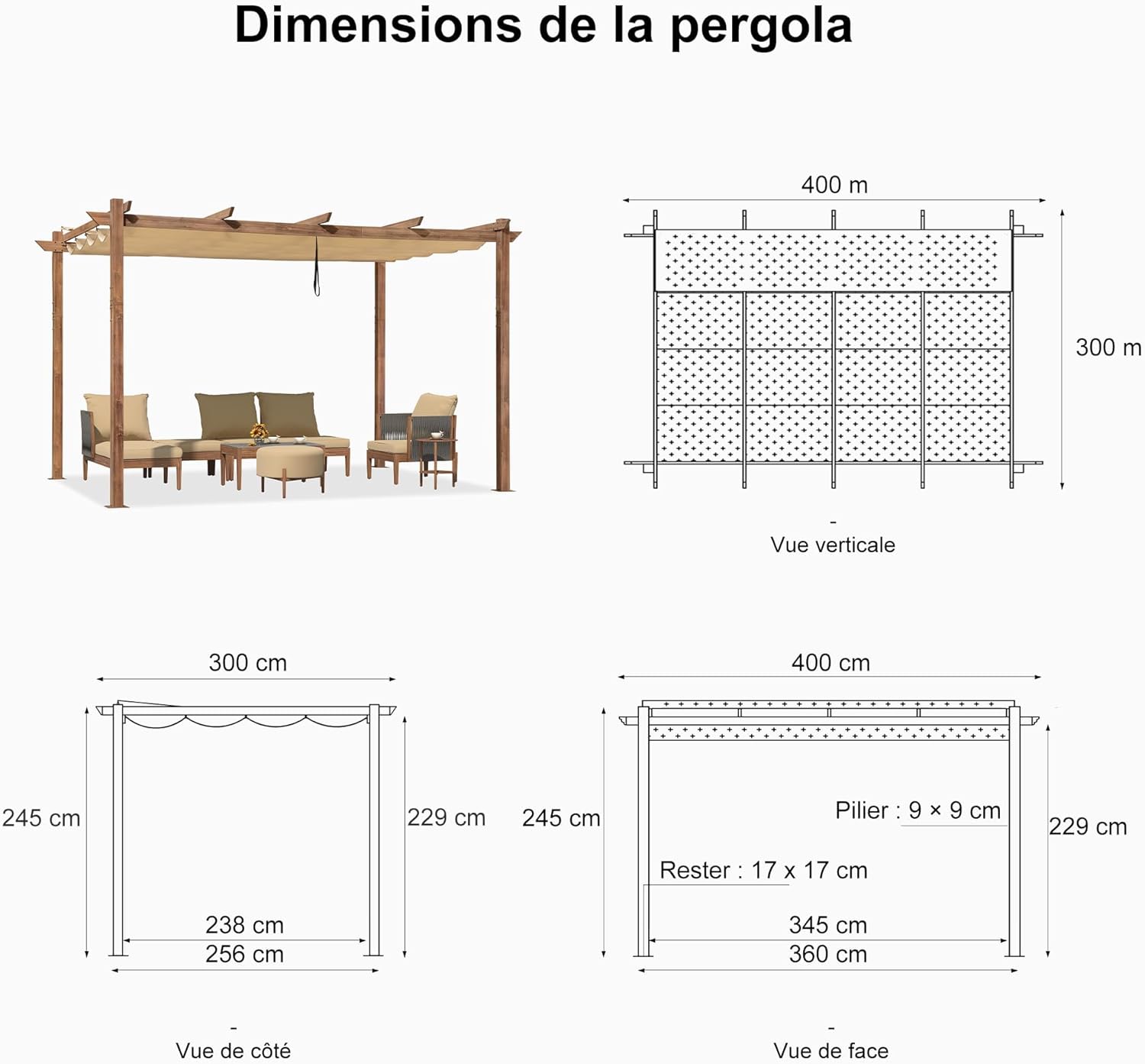 jardinite - Pergola alu finition teck 4x3m - toile rétractable, rideau, kaki
