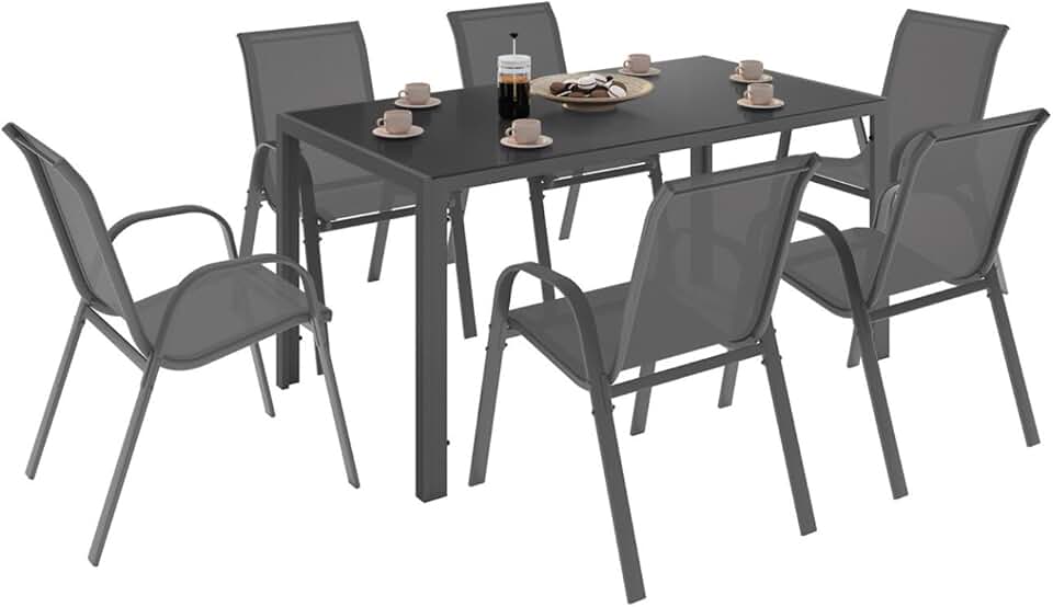 jardinite - Salon de jardin Madrid 150cm, 6 chaises empilables gris