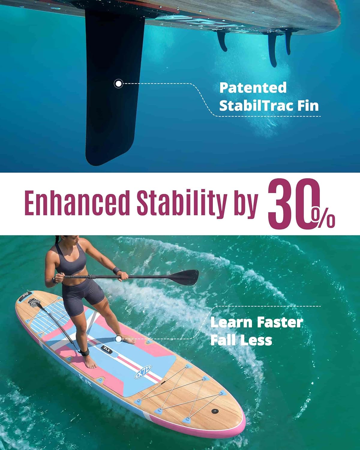 ZLX Paddle Gonflable 350 x 89 cm Extra Large Sup | Planche Stable Antidérapante, Aileron Amélioré, Accessoires Premium, Sac & Pompe Haute Pression, pour Adultes Tous Niveaux avec Siège Gonflable