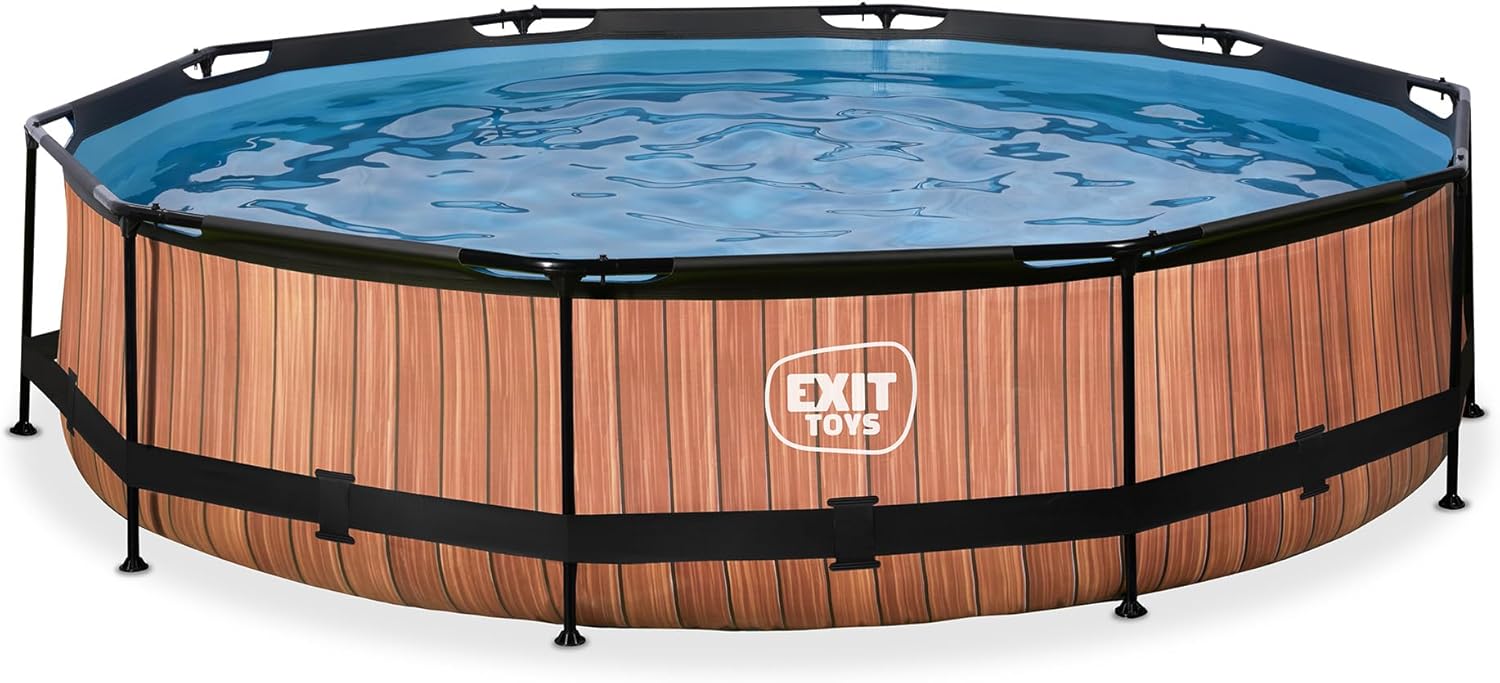 jardinite Piscine Tubulaire Wood - ø360x76cm - Piscine Hors Sol Ronde Grande avec Pompe Filtrante à Cartouche - Entrée Basse - Idéal pour Les Jeunes Enfants - Cadre Stable - Design Unique - Marron
