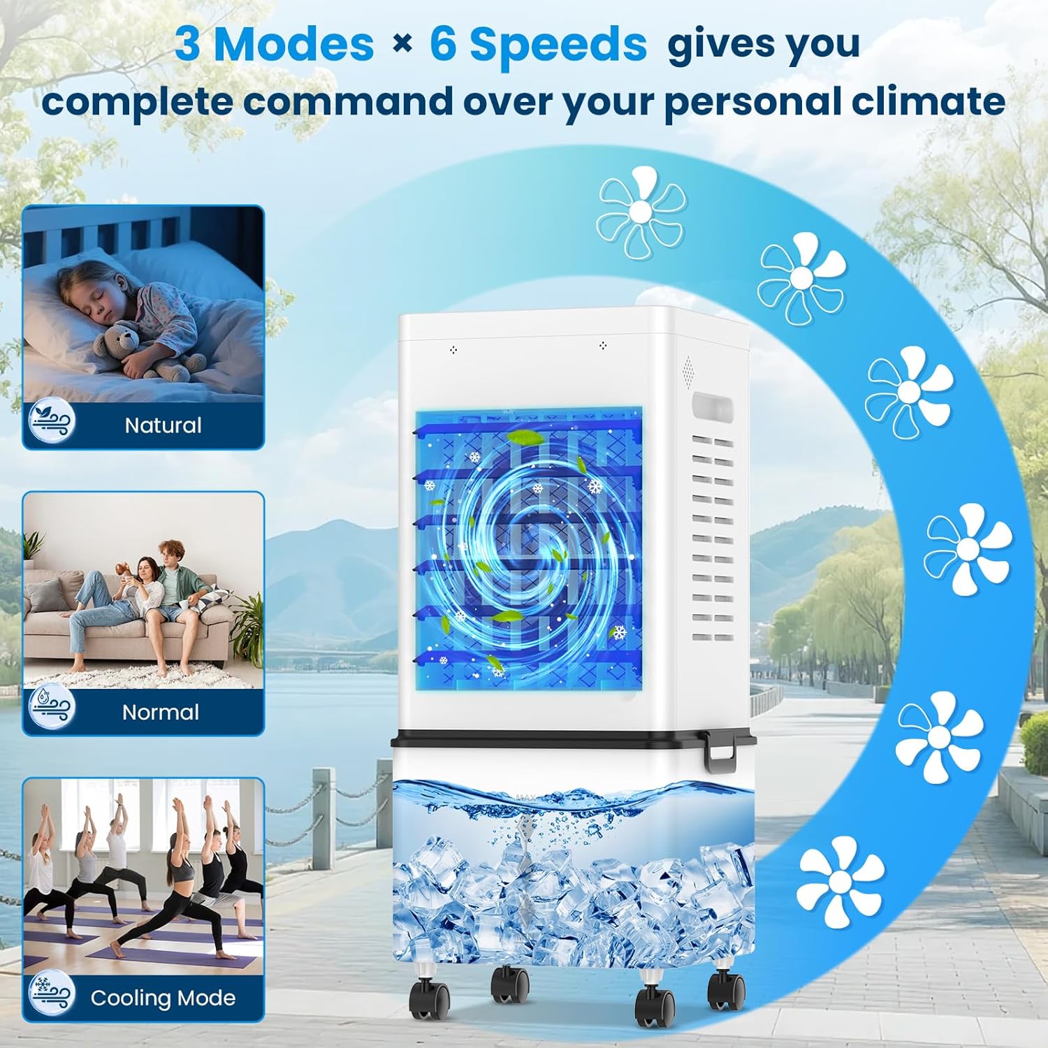 Climatiseur mobile - refroidisseur évaporatif 12 L - 6 vitesses, télécommande, minuterie 24h, 45W