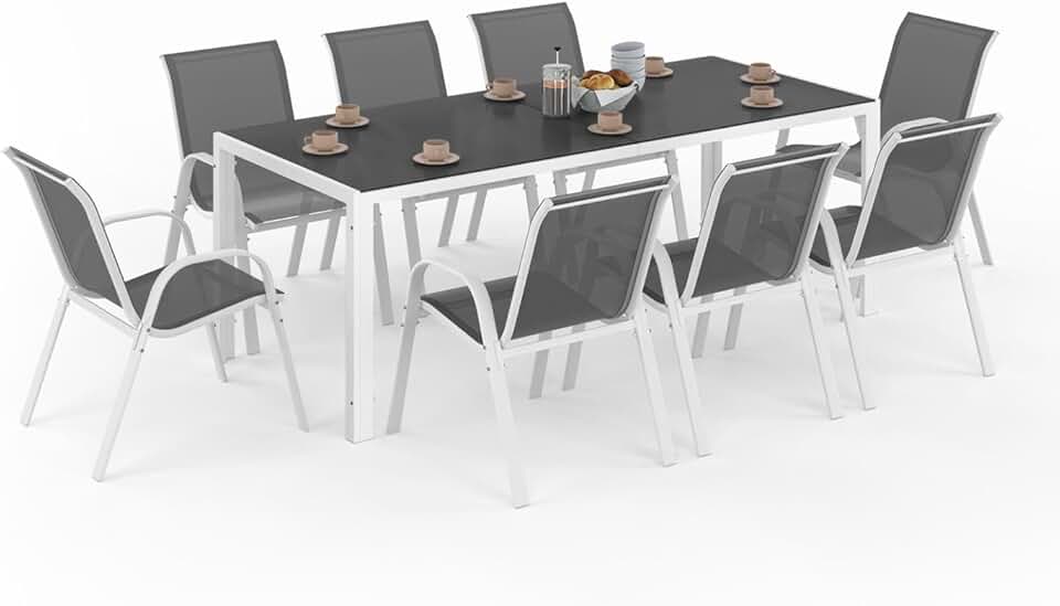 jardinite - Salon Madrid - table 190 cm + 8 chaises empilables blanc/gris